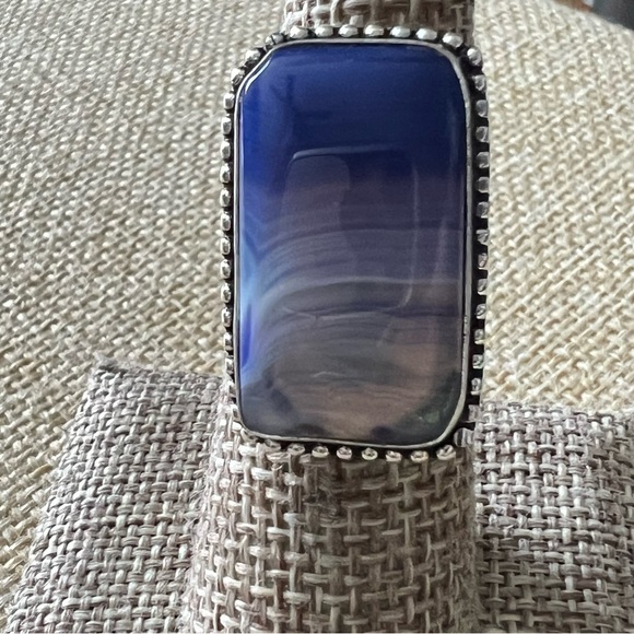 New Blue Striped Agate Stone Silver Overlay Ring w Decorative Band Size 6.25 - Picture 5 of 6
